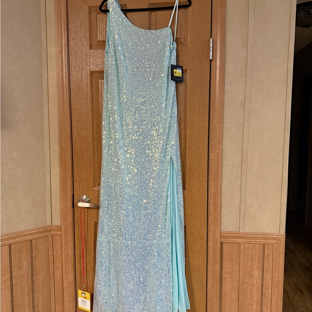 Mac Duggal Blue and Silver Sequin Gown Sleeveless Spaghetti Strap
